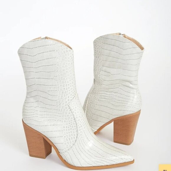 Lulus Eleora Bone Croc Embossed Mid Calf High Heel Western Boots Size 11 - Picture 7 of 16